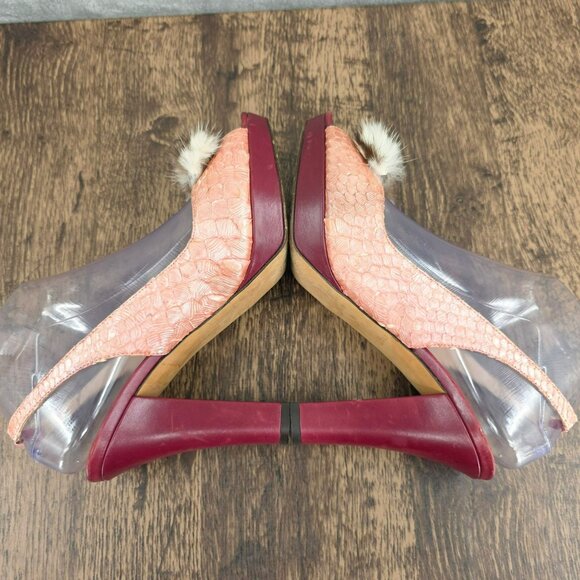 Kate Spade New York Slingback Peep Toe Heels 8.5 B Pink Red Leather Fur Scaled - Picture 12 of 16